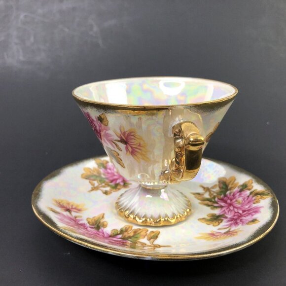 VTG November Chrysanthemum Footed Teacup Saucer Pink Floral Iridescent Cottage - Picture 4 of 14